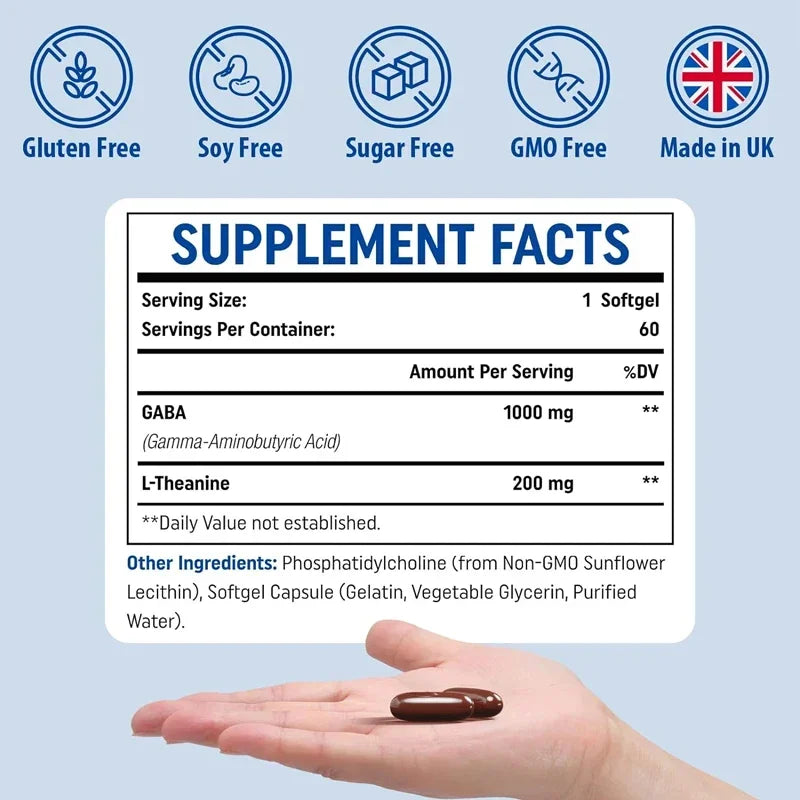 GABA Contains High Concentration Theanine Supplement 1200mg High Bioavailability Liposome Adult 60 Capsules