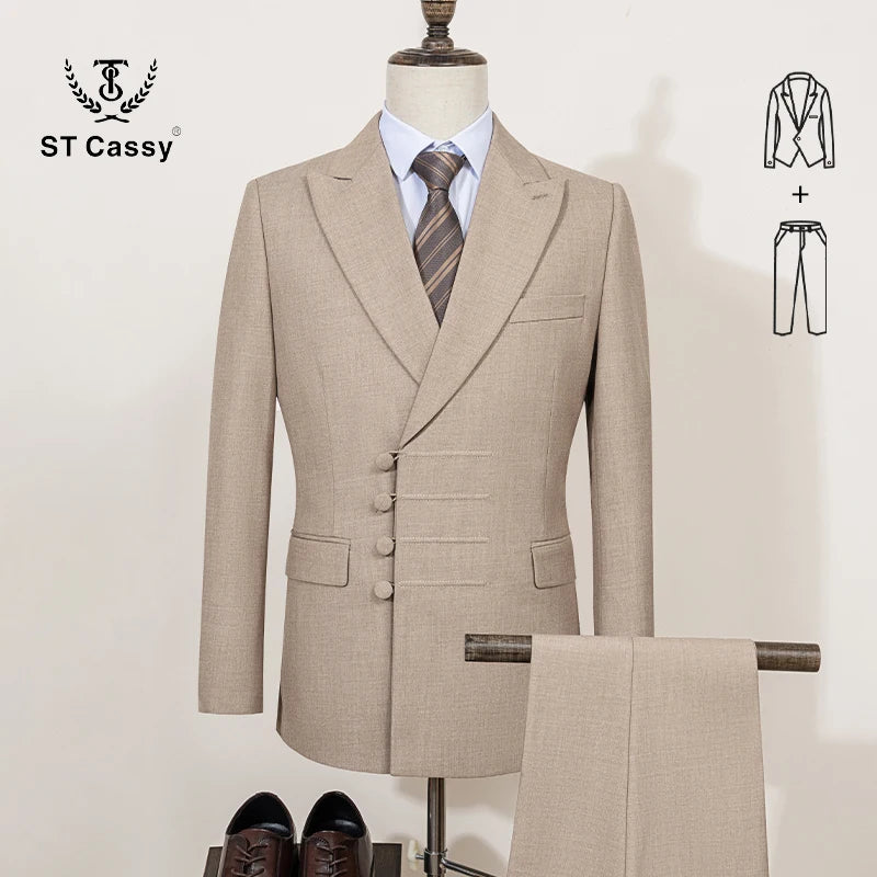 ST Cassy Elegant Men's Suits for Wedding Slim Fit Double Breasted Multiple Buttons Casual Business Two-Piece Dress Party Outfit