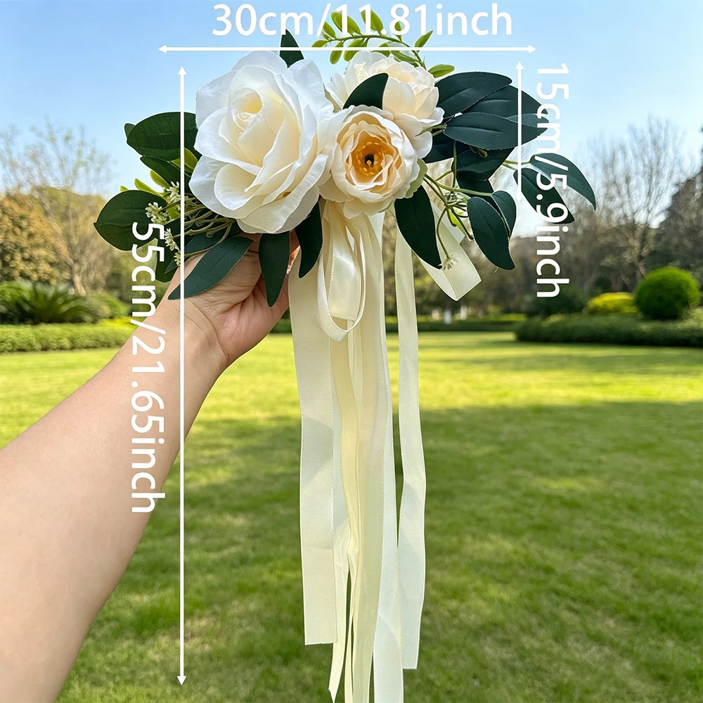 Artificial Wedding Car Flower Decorations, White Rose Car Mirror Decor, Car Accessory for Bridal Shower, Just Married,Party