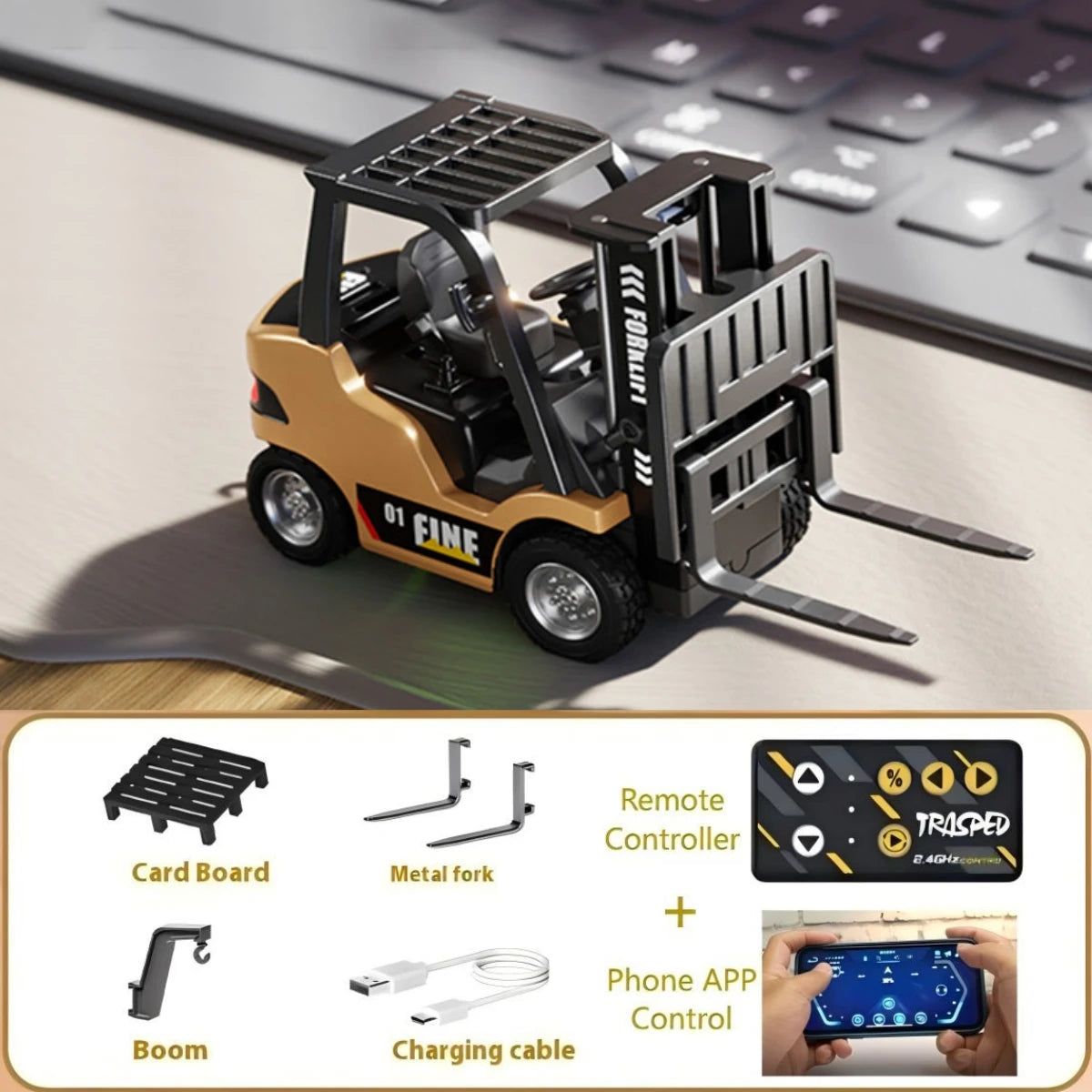 2.4G 1:64 Desktop RC Forklift Alloy Mini Tabletop Remote Control Forklift Engineering Vehicle Toys Model Gift for Boys