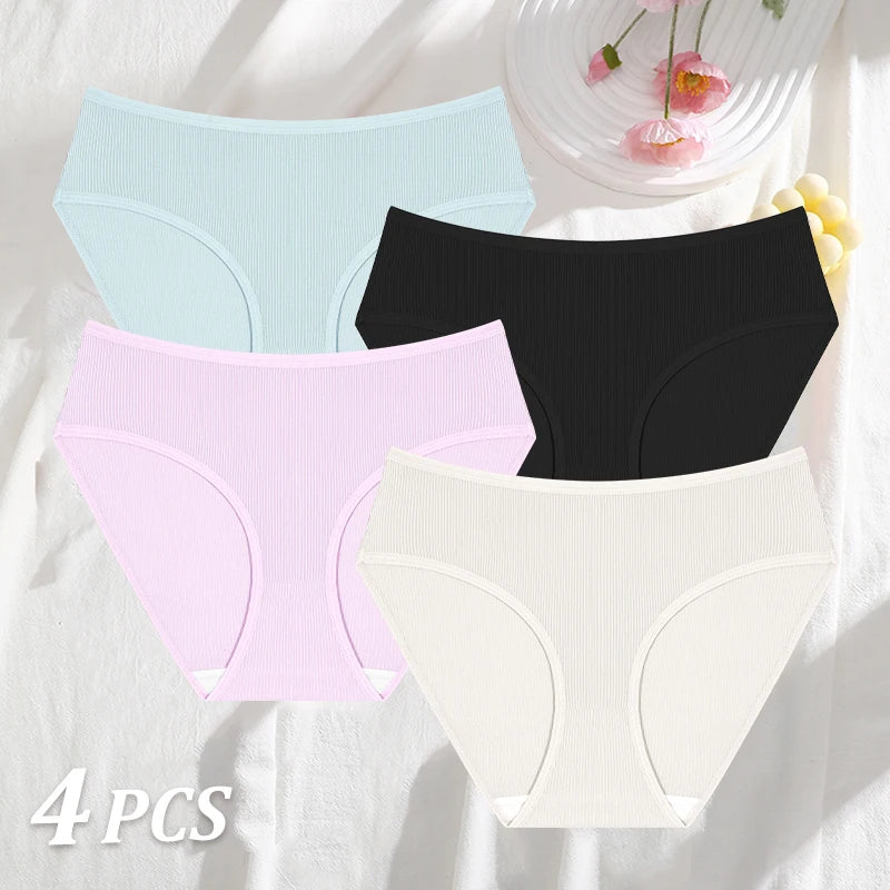 4PCS/SET Striped Ribbed Panties Set Women Mid Waist Breathable High Elastic Comfortable Sports Briefs Solid Color Daily Lingerie