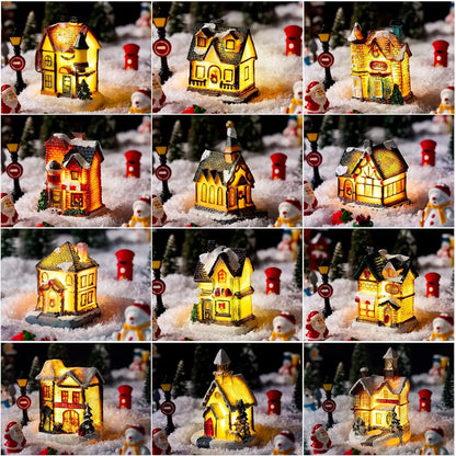 Christmas Ornament Village Houses LED Light Collectible Figurines Snow Blanket Desktop Decoration Town Scene Xmas New Year Gift