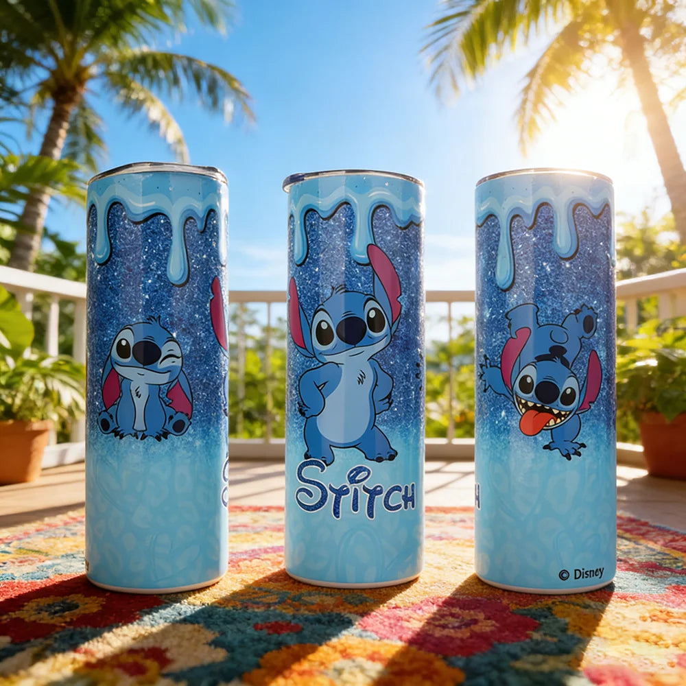 1pc 20oz Disney Stitch Glitter Drip Tumbler Insulated Stainless Steel Cup with Straw for Hot Cold Drinks Perfect Holiday Gift