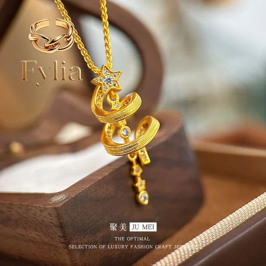 Fylia Jewelry   Light luxury design vitage retro 24K real gold silk gold Christmas tree clavicle chain 9999 pure gold