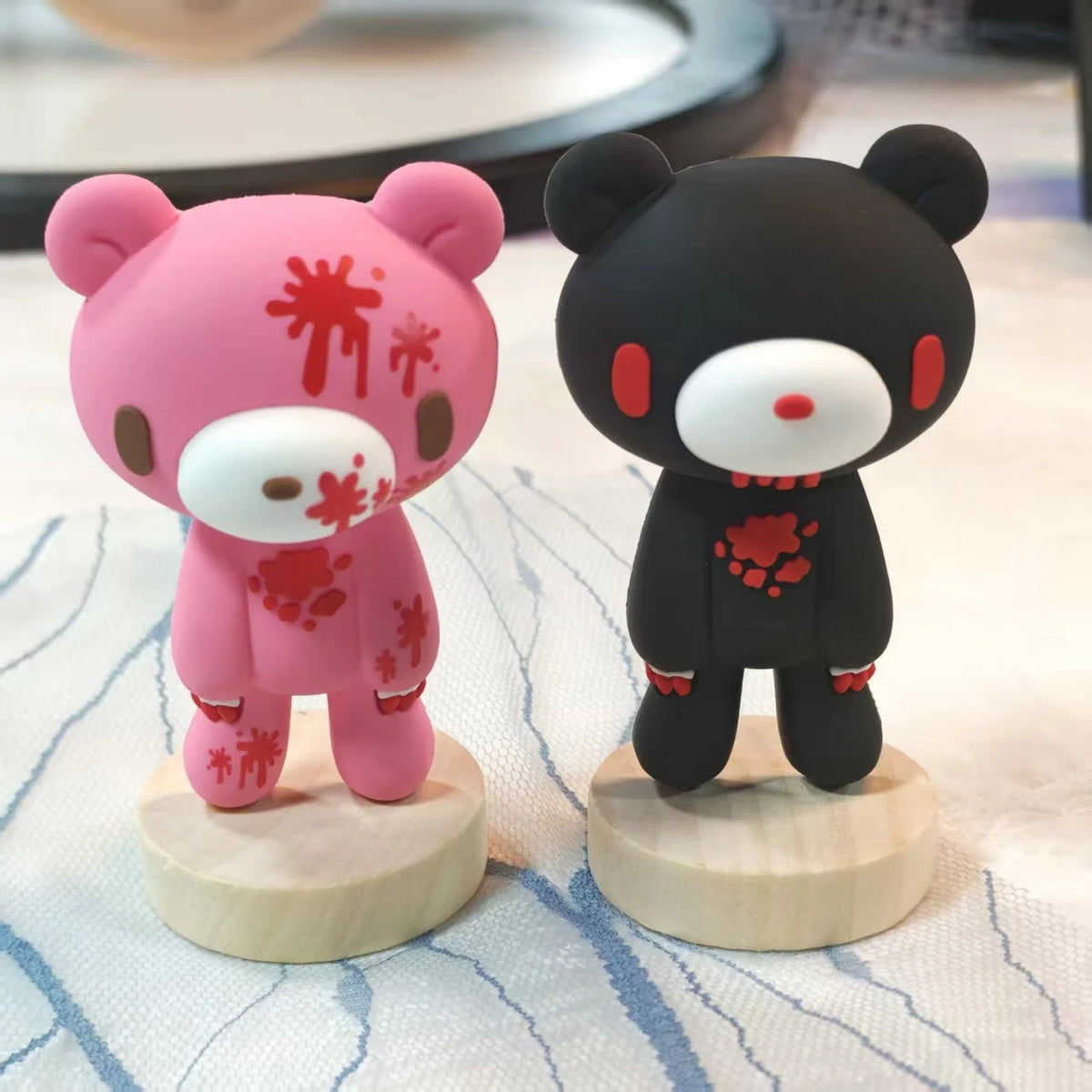 Edgy Bloody Bear Figurines - Pink & black cute-dark designs, ideal for gothic/alternative decor.