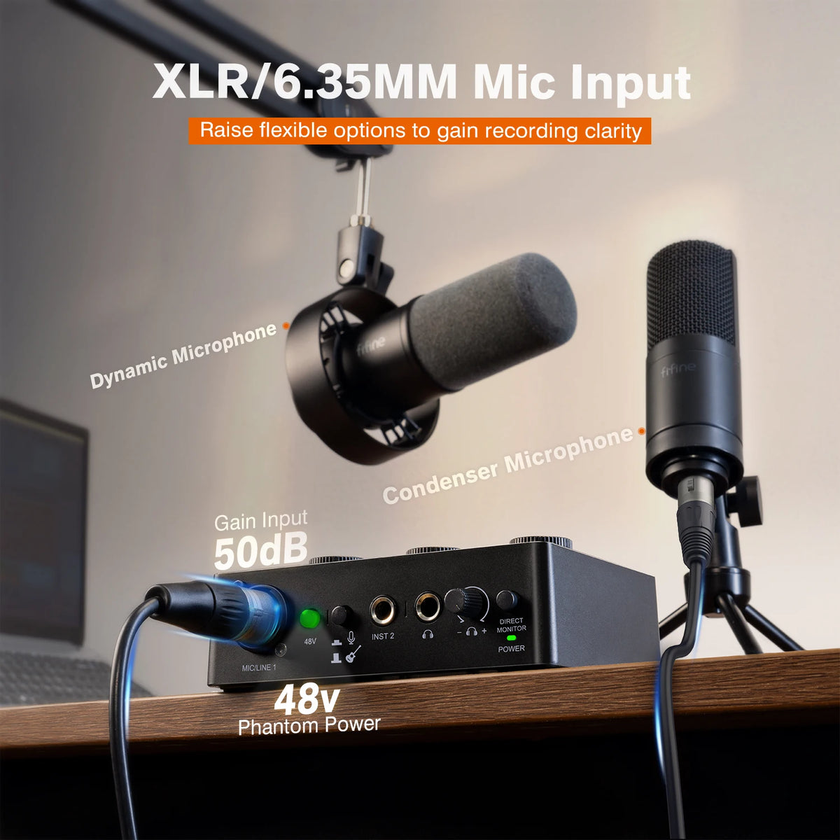 FIFINE Sound Mixer for Condenser Microphone with Gain Knob, Audio Interface with 48V Phantom Power for XLR Mic Podcast-Ampli1