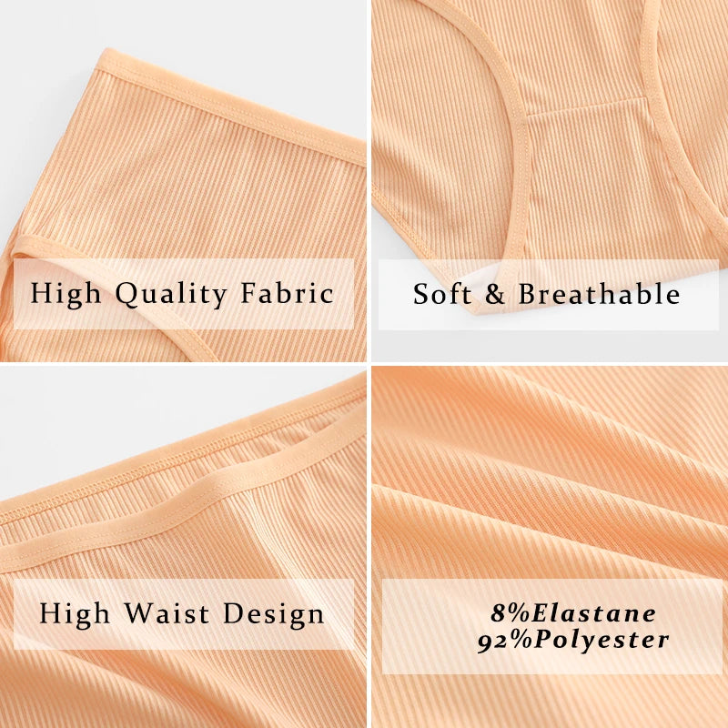 4PCS/SET Striped Ribbed Panties Set Women Mid Waist Breathable High Elastic Comfortable Sports Briefs Solid Color Daily Lingerie