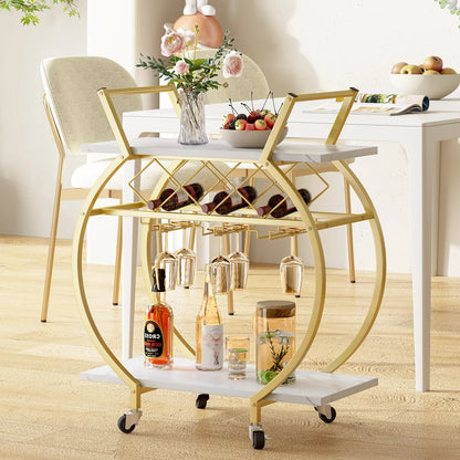 Gold and White Bar Cart Mini Rolling Kitchen Storage Cart with Wine Rack and Glass Holders Wine Cart
