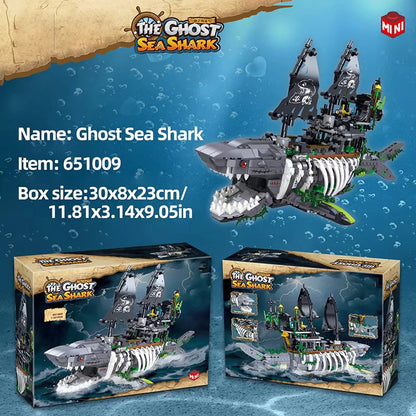 1155PCS Shark Ghost Pirate Ship Building Blocks Fantasy Sea Monster Ship Model Bricks With Light Educational DIY Toy For Adults