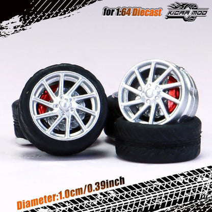 Kicarmod 1/64 Model Car ABS Wheels with Rubber Tire Brake Disc Refitting Parts Diameter 10mm For Model Car Tomica