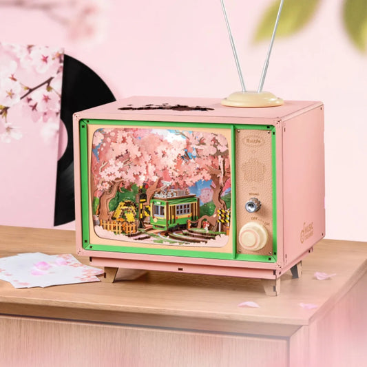 Robotime DIY Music Box Sakura Dreamy Tour 3D Wooden Puzzle Book Nook TV Model Kit Home Decoration Birthday Gift for Adult
