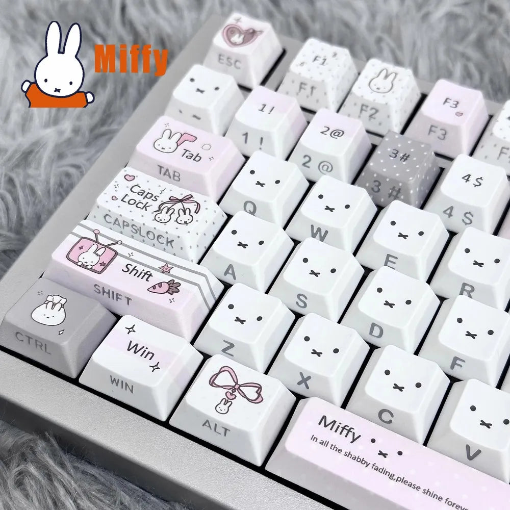 Kawaii Miffy Mechanical Keyboard Keycap Set Cute Rabbit Pastel Gray Pink PBT Dye-Sublimation Desk Accessory Office Girl Gift
