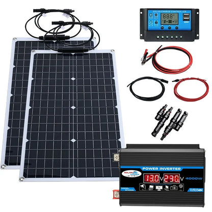 2000W Solar Energy System 110V/220V 4000W Solar Panel Inverter Glass 12V Battery Charging Controller For Home/Outdoor Use