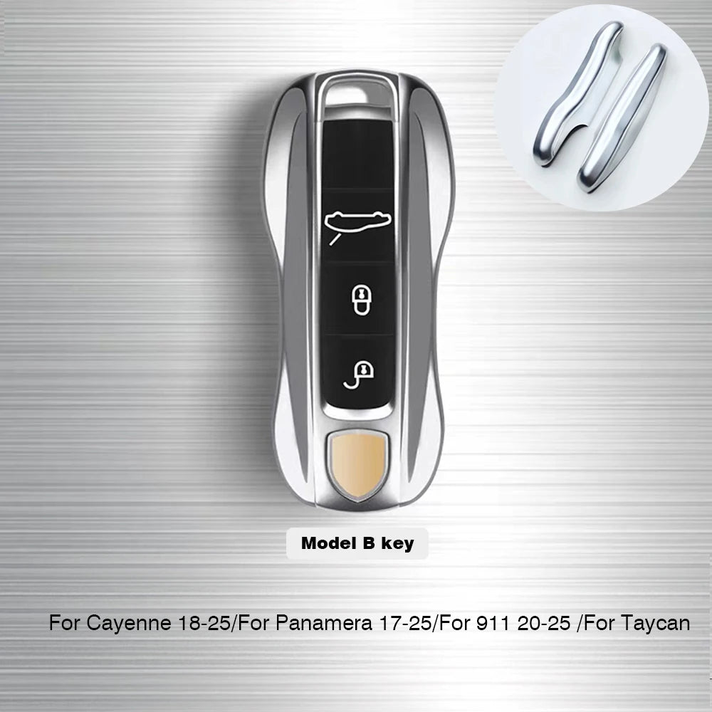 Metal Material Case For Porsche Cayenne Panamera Macan Cayman 718 911 Taycan Gloss Chrome Key Shell Car Key Case