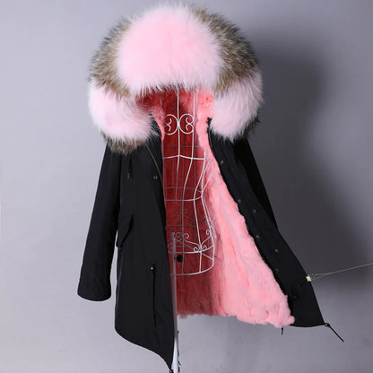 2026 Maomaokong Women's Winter Coats Rabbit Lining Jacket Natural Real Raccoon Fur Collar Parka Fox Fur Long Female Clothing