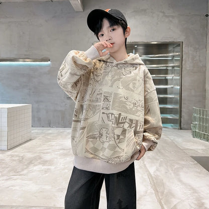 Spring Autumn Children New Arrivals In Hoodies and Sweatshirts For Teenage Boy Fashion Printed Hooded Coat Kids Casual Outfits