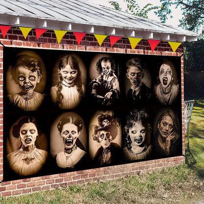 Halloween Gothic background cloth, 12 retro horror portrait and zombie makeup designs, polyester, suitable for event decoration