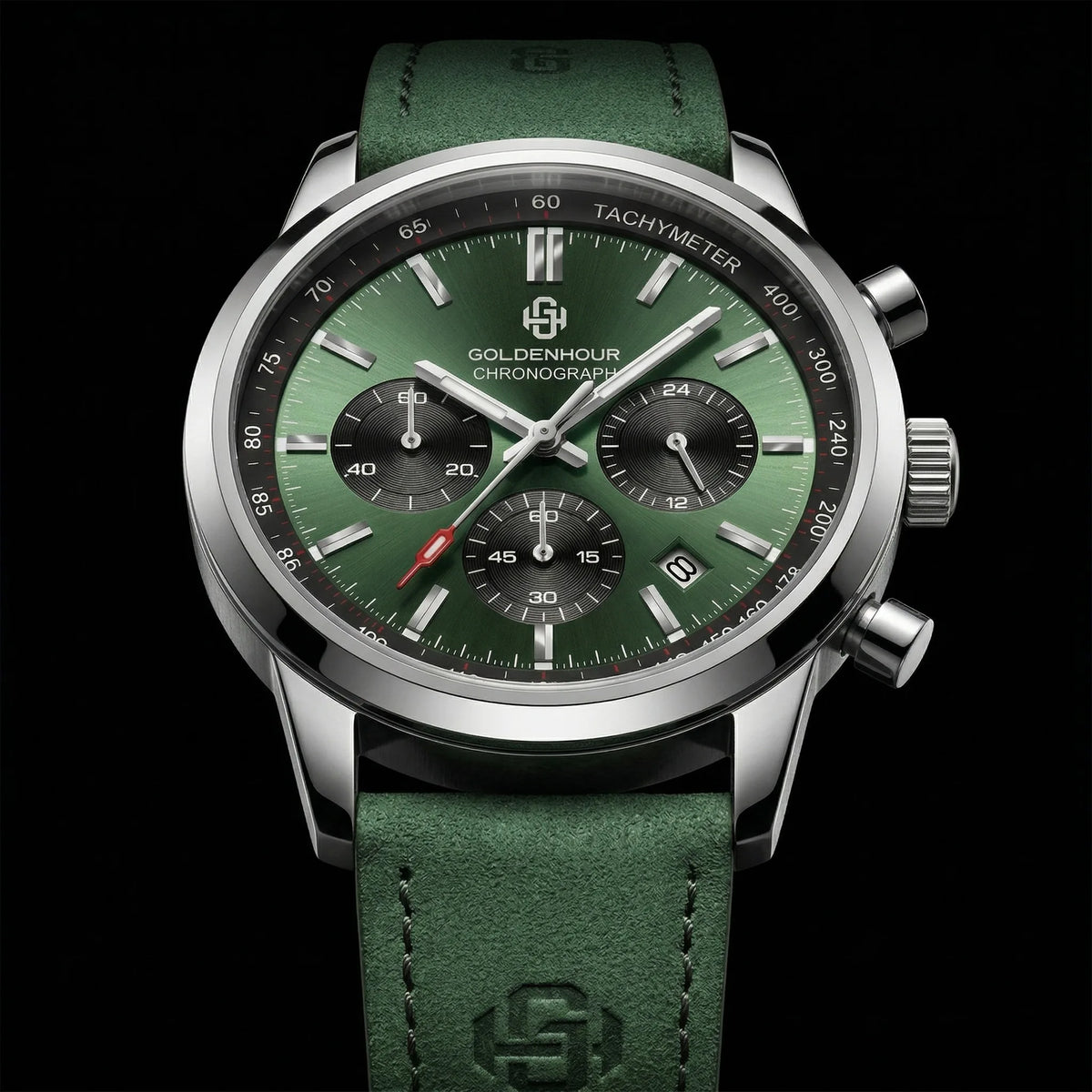 Men's Luxury Watch GOLDENHOUR Green Chronograph Quartz Leather Waterproof Luminous Military Sport Wristwatch Relogio Masculino