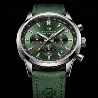Men's Luxury Watch GOLDENHOUR Green Chronograph Quartz Leather Waterproof Luminous Military Sport Wristwatch Relogio Masculino