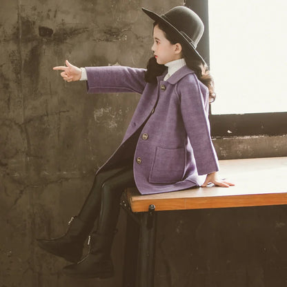 Winter Kids Wool Blend Coats Girls Warm Long Jackets Vintage Fashion Teen Reversible Tweed Outerwear Child 4-12 Years Old
