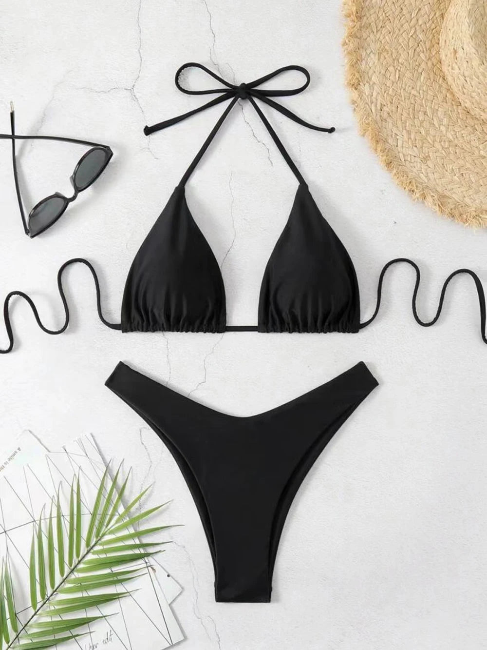 Sexy Solid Halter Lace Up Low Waist Bikini Set Women's 2 Pieces Swimsuit Triangle Thong Swimwear Bathing Suit Brazilian Biquini