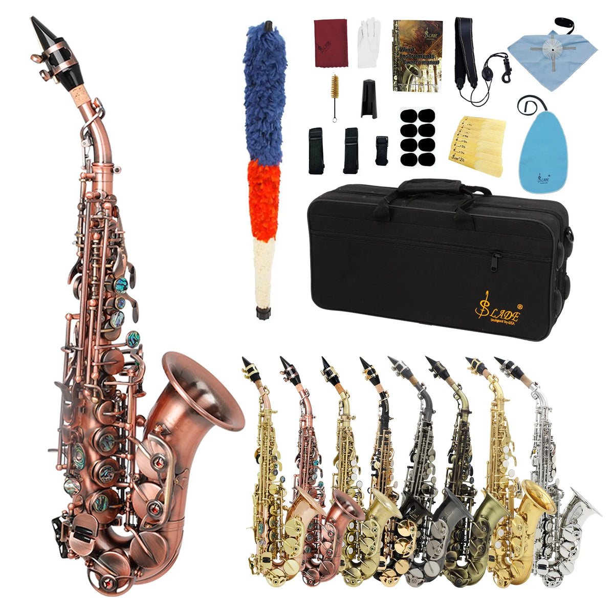 SLADE Soprano Saxophone Bb Flat Sax Brass Body Professional Woodwind Instrument with Case Reed Neck Strap Saxophone Accessories