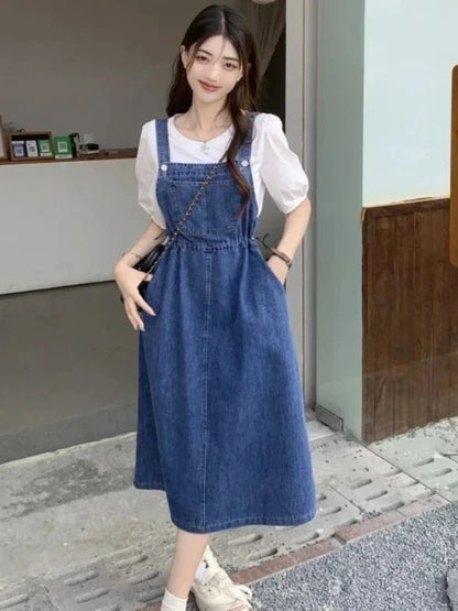 New 2025 Fashion Women's Denim Suspender Dress Causal Female High Waist A-line Solid Strap Jean Dresses Woman