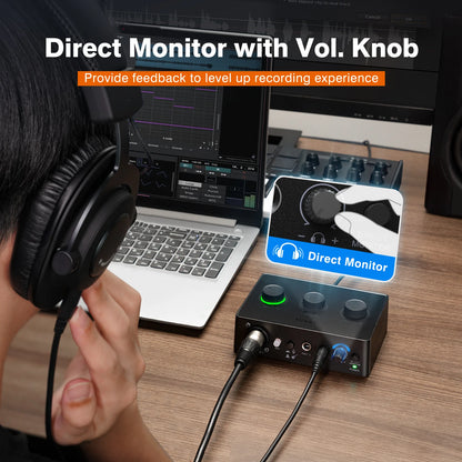 FIFINE Sound Mixer for Condenser Microphone with Gain Knob, Audio Interface with 48V Phantom Power for XLR Mic Podcast-Ampli1