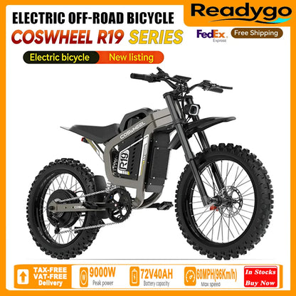 Readygo COSWHEEL R19 Electric Dirt Bike 9000W High Power 72V40Ah Battery Adult Max96km/h Mountain Ebike for Off-Road Use Lithium