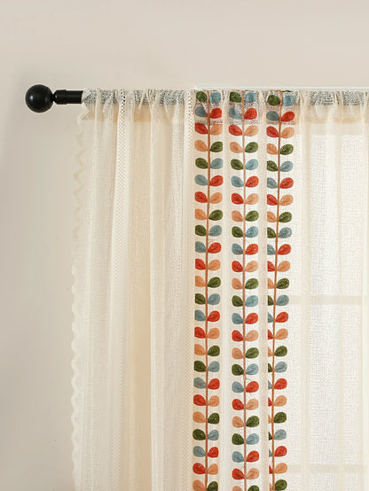 2PCS Four Color Leaf Embroidery Lace Rod Pocket Bag Curtains, Living Room Bedroom Simple and Warm Atmosphere Decorative Curtains