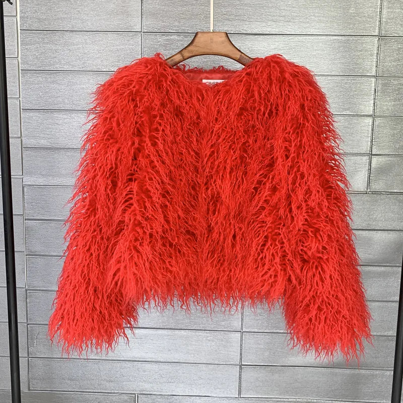 Women's Fur Coat Colorful Furry Pink Lamb Wool Faux Fur Coat Female Shaggy Sheepskin Coat Winter Artificial Fur Jacket