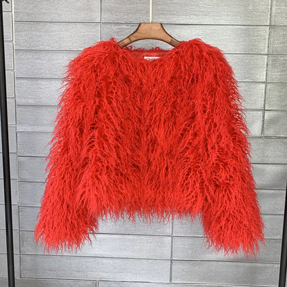 Women's Fur Coat Colorful Furry Pink Lamb Wool Faux Fur Coat Female Shaggy Sheepskin Coat Winter Artificial Fur Jacket