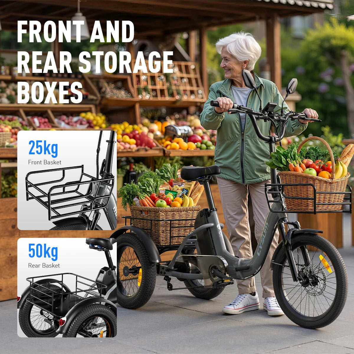 Electric Tricycle 750W Motor 48V 20AH Remover Lithium Battery Foldable 3 Wheel Electric Bike 16 Inch Fat Tire 100km Ebike