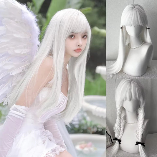 White Long Straight Wigs for Women with Bangs Natural Looking Synthetic Hair Wig for Halloween Cosplay Daily Use