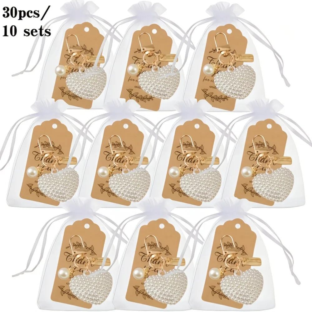 30pcs/10sets Faux Pearl Heart Keychain Set, Love Charm Metal Key Rings with Gift Cards&Bags, Wedding Party Favors for Women