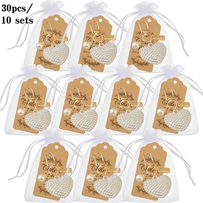 30pcs/10sets Faux Pearl Heart Keychain Set, Love Charm Metal Key Rings with Gift Cards&Bags, Wedding Party Favors for Women