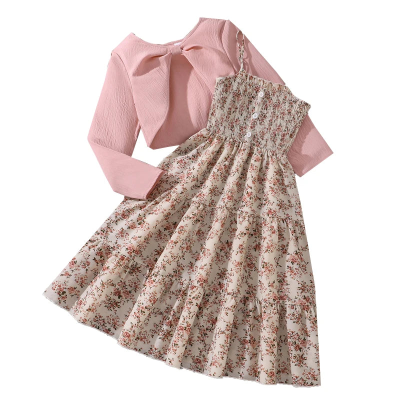 Kid Girl Long Sleeve Bow Design Coat & Beige All Print Shirred-Bodice Sling Dress Set Cute Sweet Elegant Princess Dress For Kids