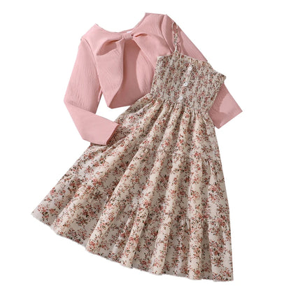 Kid Girl Long Sleeve Bow Design Coat & Beige All Print Shirred-Bodice Sling Dress Set Cute Sweet Elegant Princess Dress For Kids