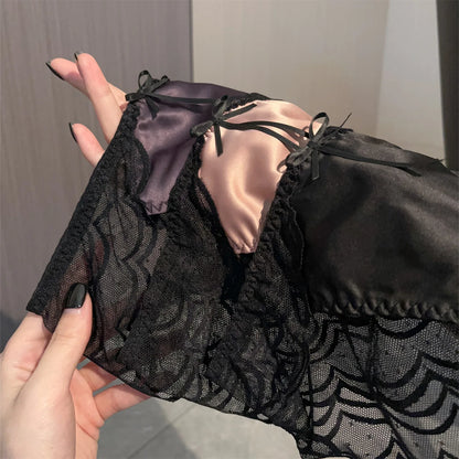 New Luxury Satin Lace Panties Sexy High-Cut Crotch Cotton Gusset for Women Soft Smooth Underwear Lightweight Breath Knickers