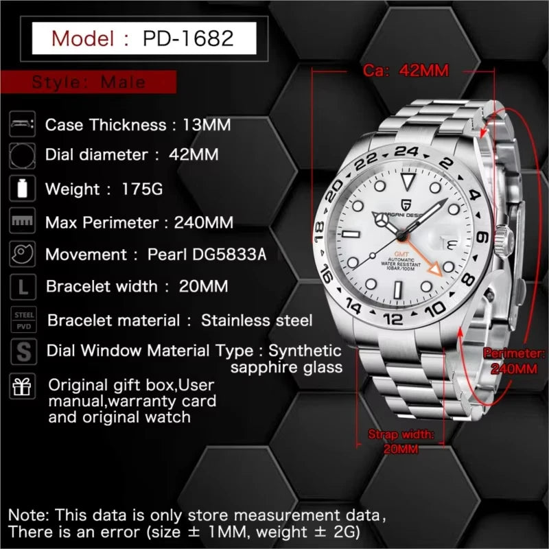 PAGANI DESIGN 2026 New V2 GMT Automatic Machinery Men Watch PD1682 Sapphire Crystal 10 Bar Waterproof Stainless Steel Pagani Des