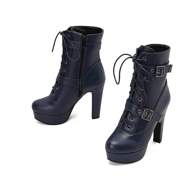 Women Punk Style Lace-Up Ankle Boots Belt Buckle Platform High Heels Short Boot Female White Autumn Winter Round Toe Shoes 2025
