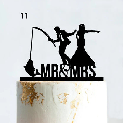 Fishing Style Wedding Cake Topper Funny Mr & Mrs Happy Birthday Hooked For Life Happy Retirement Acrylic Wooden Cake Decoration