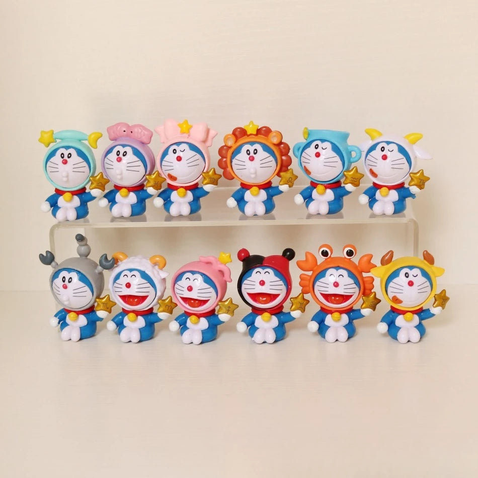 12 constellation Doraemon character set, tinkling cat 12 zodiac PVC mini statue, desktop ornaments collection model toy gift.