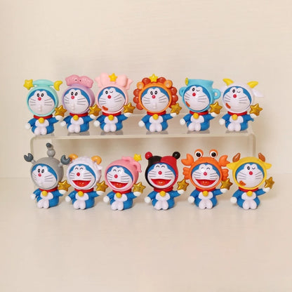 12 constellation Doraemon character set, tinkling cat 12 zodiac PVC mini statue, desktop ornaments collection model toy gift.