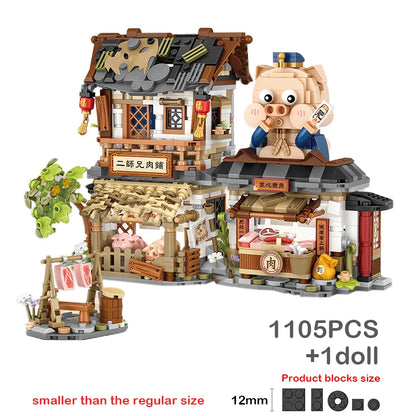 LOZ New Creative Mini Street View Bee Shop Building Block DIY Chinese Folding StreetView Pork Shop Puzzle Toys Birthday Gift