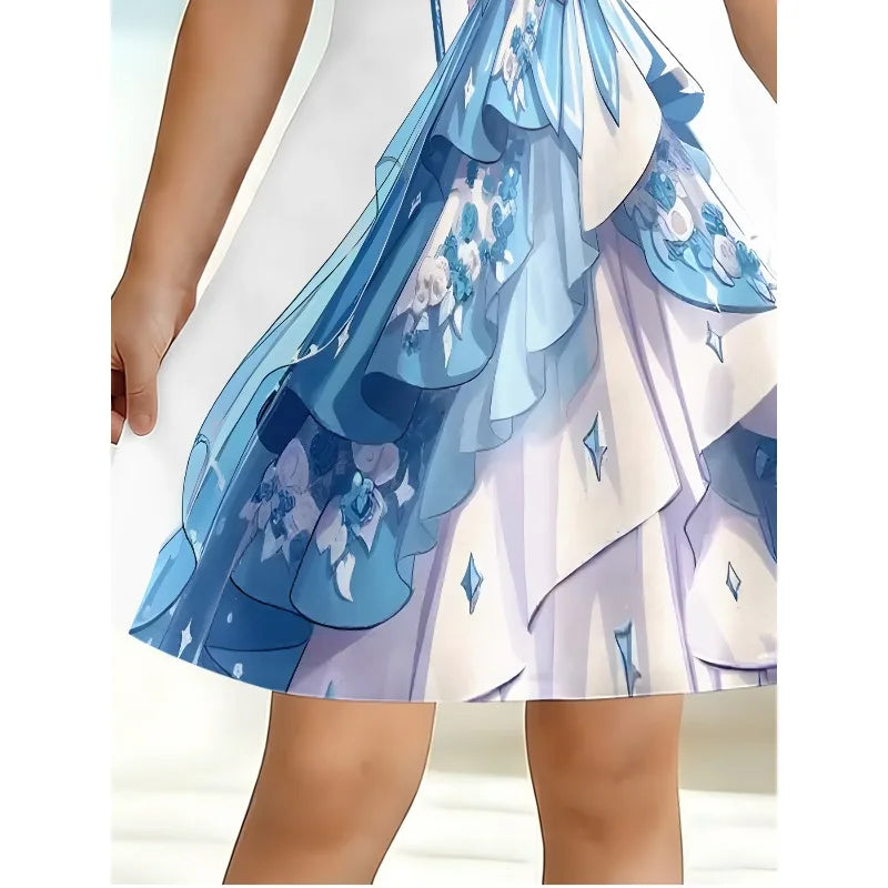 Girl Ice Princess Printed T-shirt Dress, Blue and White Fairy Tale Children's Party Casual Dress Suitable for Birthday Gifts