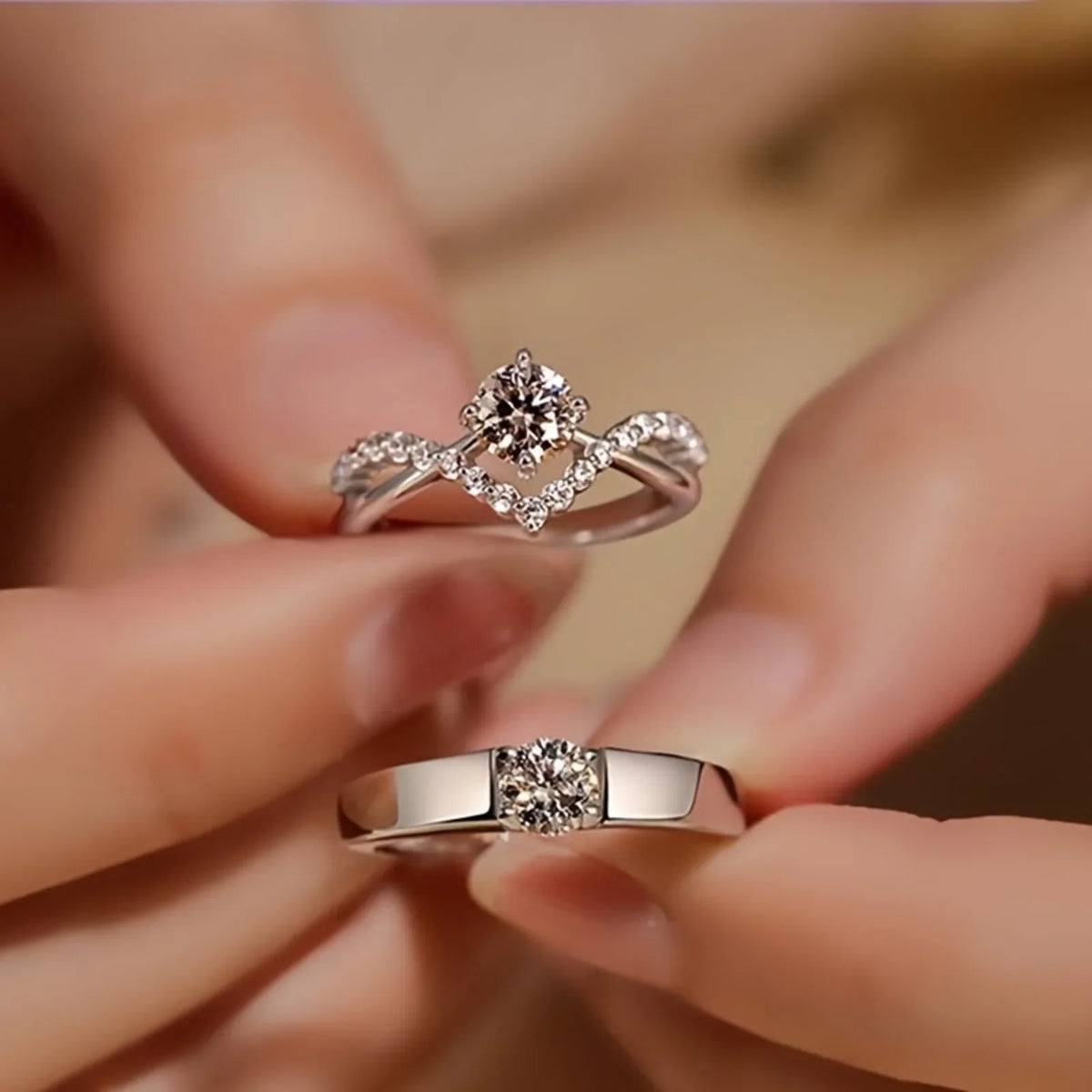 Adjustable Open Wedding Ring Set for Couples Elegant 2 Piece Shining Engagement Ring Ideal for Daily Wear and Celebrations