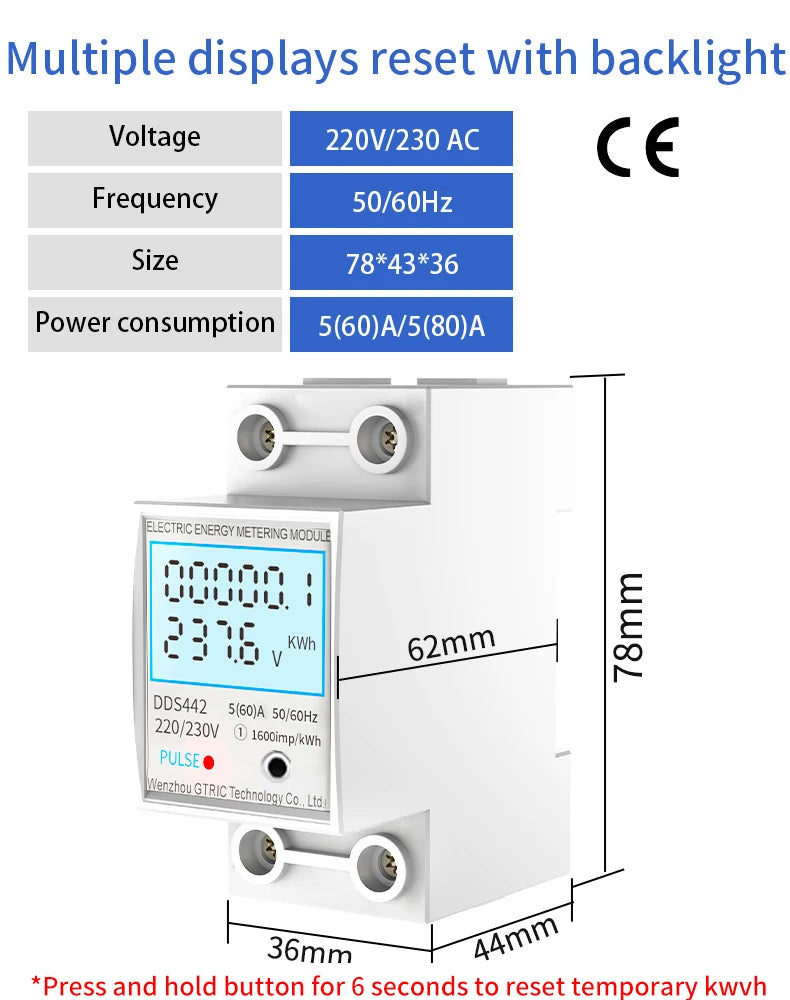 GTRIC Energy Meter 2P Single Phase Voltage Current Power Consumption Meter Wattmeter LCD Digital Display DIN Rail 230VAC 80A