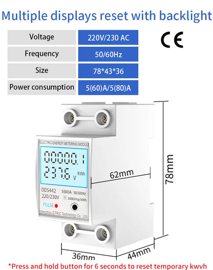 GTRIC Energy Meter 2P Single Phase Voltage Current Power Consumption Meter Wattmeter LCD Digital Display DIN Rail 230VAC 80A