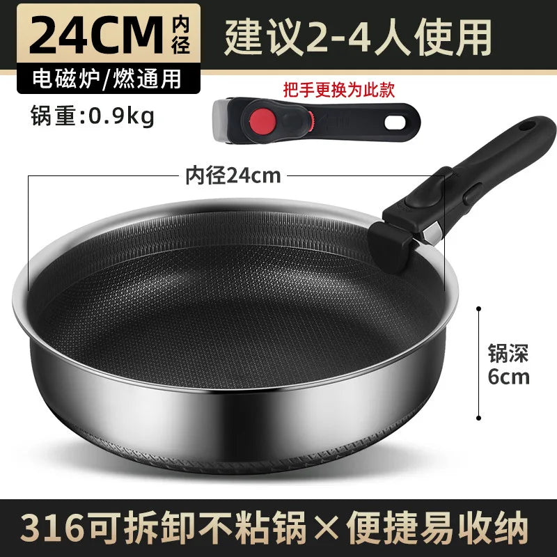 Detachable Handle 316 Stainless Steel Flat Bottomed Pan Outdoor Portable Non Stick Frying Pan Outdoor Cooking Utensils